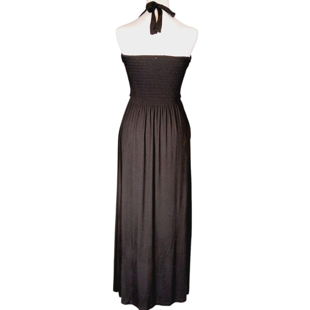 Soma, Black Maxi Halter Dress, Crochet Bodice, Smocked Back, Super Soft, XS Boho - Picture 4 of 12